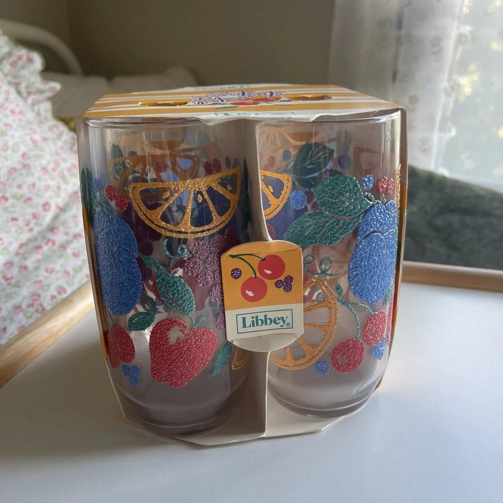 4 Vtg Libbey‎ Fanciful Fruit Drinking Glasses 17oz USA  Texture Summer Berry 80s